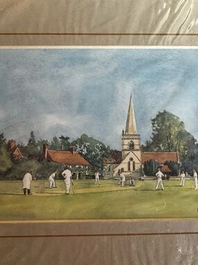Vintage Village Cricket Print by Emily Little- Blue Sky, Green Field
